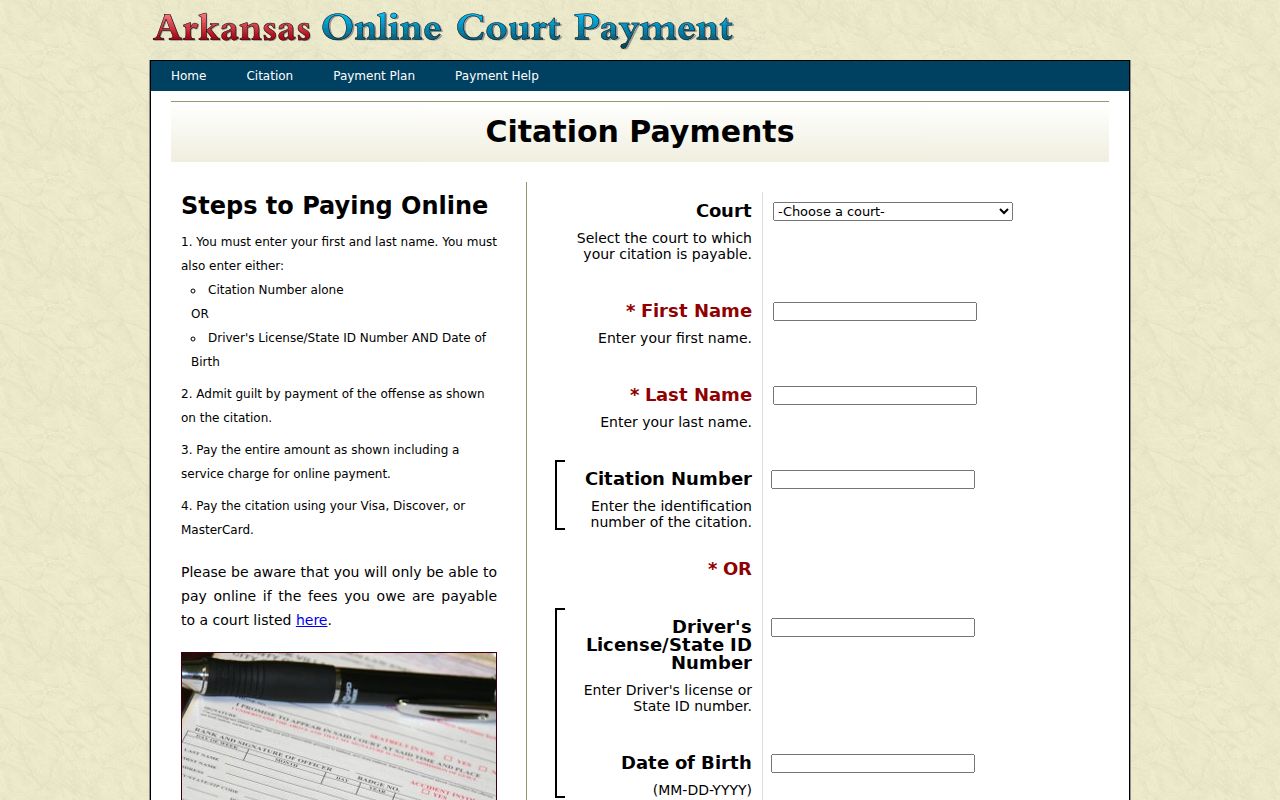 Yell County traffic warrant Arkansas citation query fields